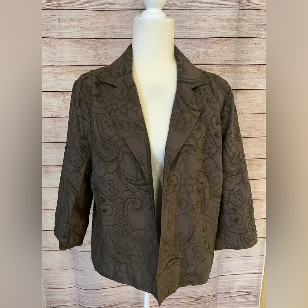 Coldwater Creek Open Front Jacket Green Embroidered Floral Print medium 10/12